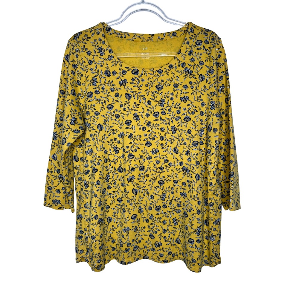 J Jill Scoop Neck Top Size L Yellow Floral Pima Cotton 3/4 Sleeve Tee Fall